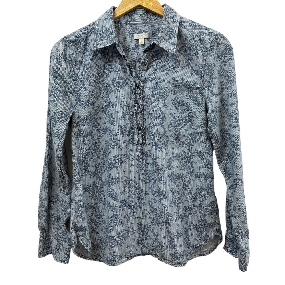 Talbots Blue Paisley Long Sleeve Ruffle Front Blouse, Small